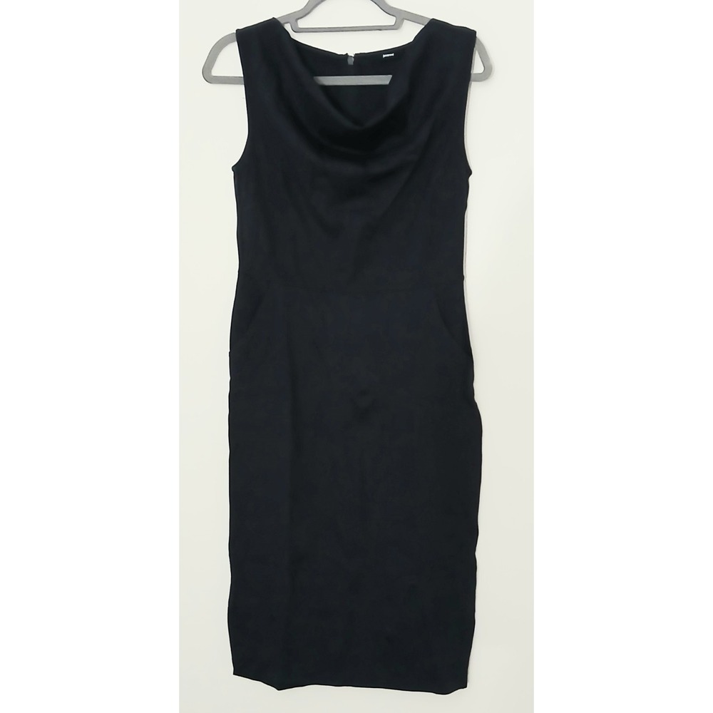 Betabrand Dress Women's Size Small Sleeveless‎ Navy Blue Cowl Neck Sheath Zip Up